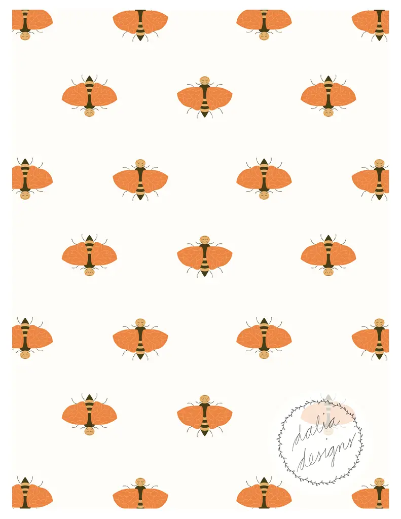A repeating pattern of illustrated orange moths with black stripes on a light background, featuring a circular logo in the bottom right corner.