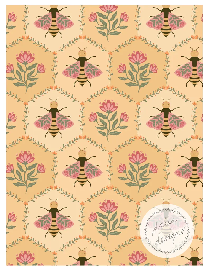 A whimsical pattern featuring illustrated bees and flowering plants on a warm, peach background, with a decorative logo in the corner.