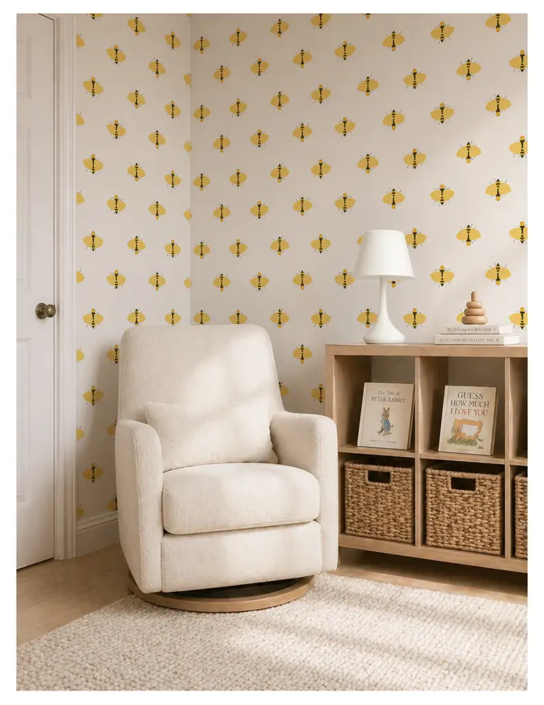 Cozy nursery corner featuring a beige rocking chair, a white lamp, and a wooden shelf with children's books and woven storage baskets, against a wallpaper of yellow bees.