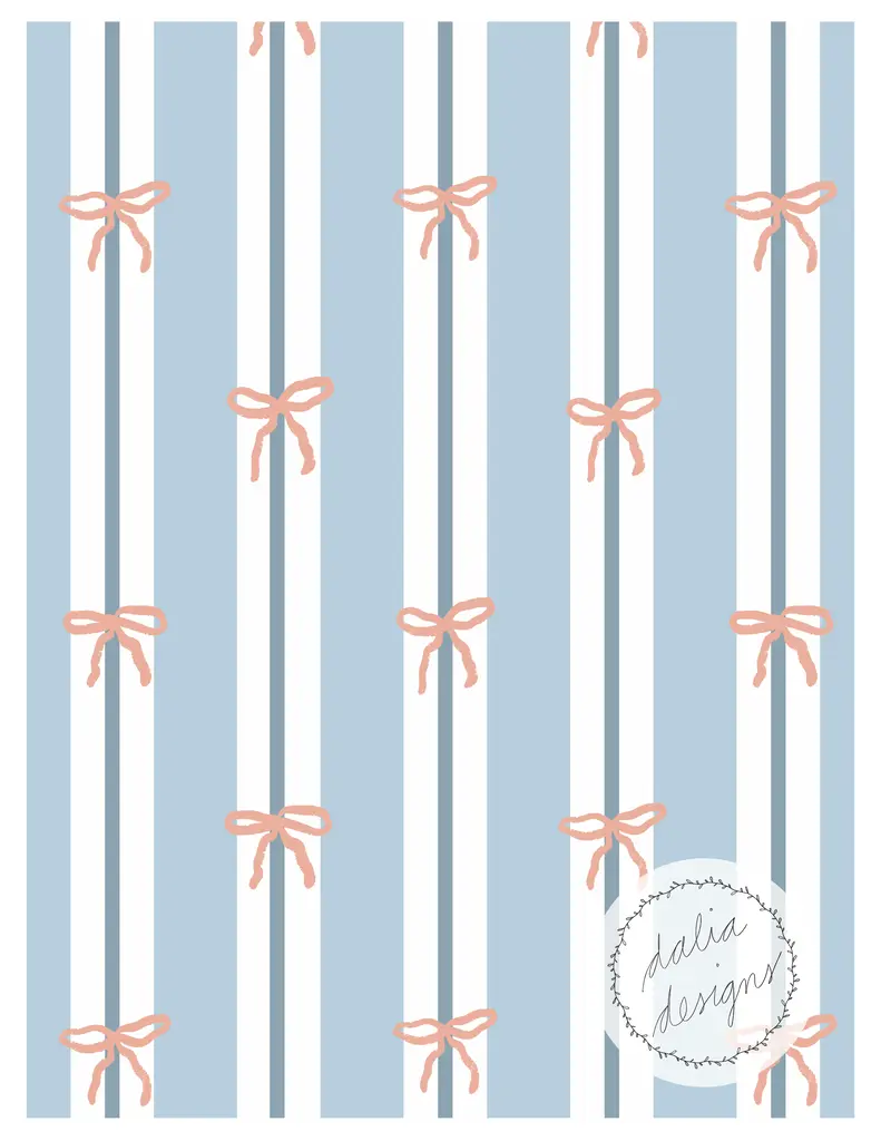 A repeating pattern of light blue and white stripes featuring small pink bows throughout, with a logo in the bottom right corner that reads 'dalia designs'.