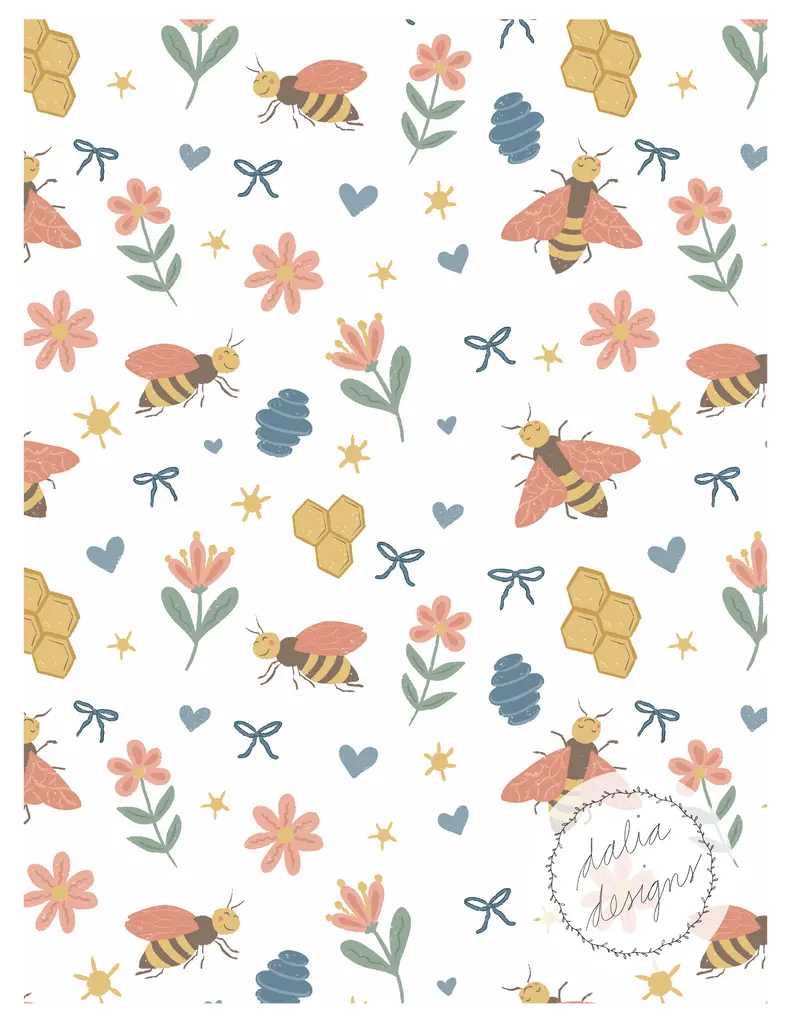 A whimsical pattern featuring bees, flowers, honeycomb, and decorative elements on a white background.