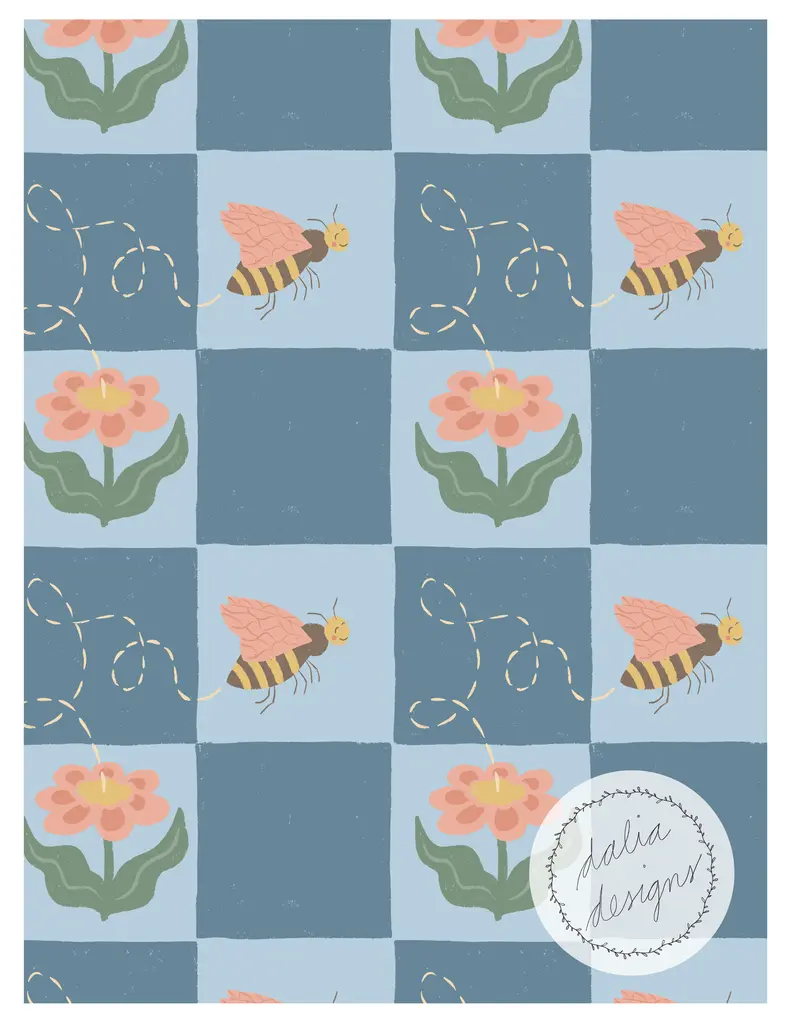 A whimsical pattern featuring bees and flowers on a blue background, with alternating squares of floral elements and bees accompanied by dotted lines.