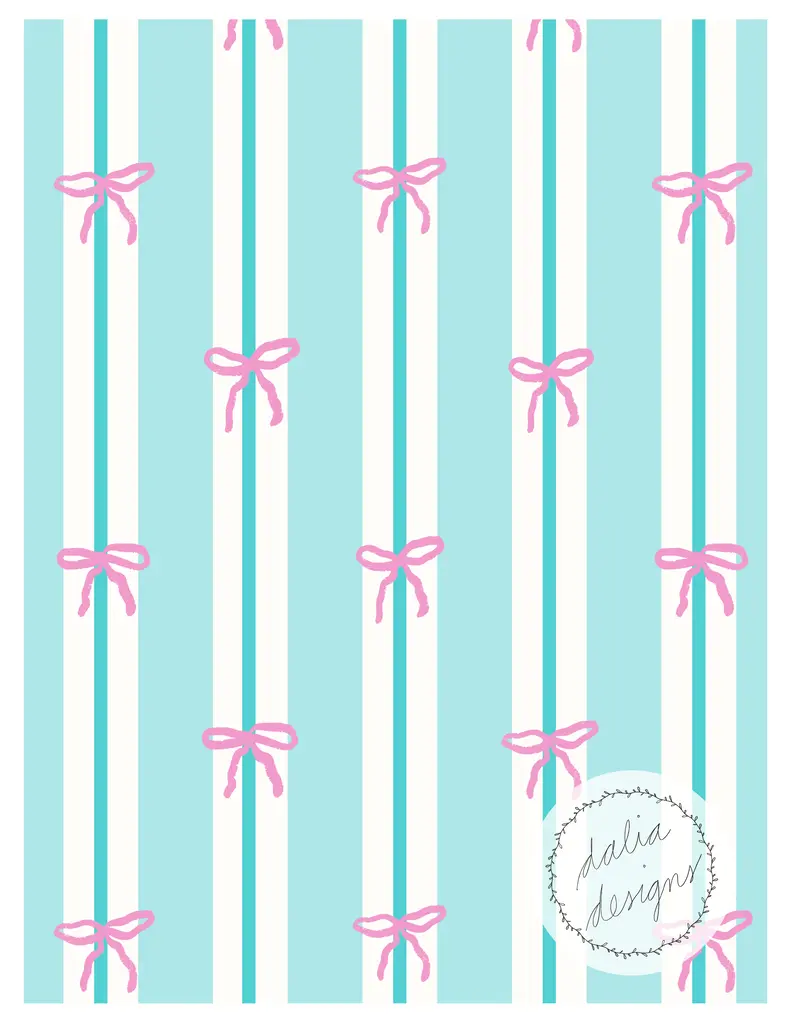 A repeating pattern of light blue and white stripes with pink bows evenly spaced throughout, featuring a small logo at the bottom right corner.