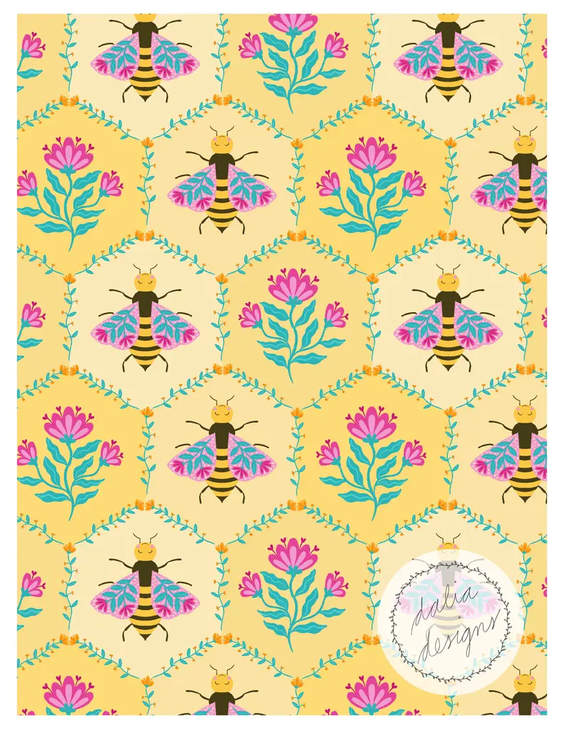 Colorful bee and flower pattern on a light yellow background, featuring hexagonal shapes and vibrant floral designs.