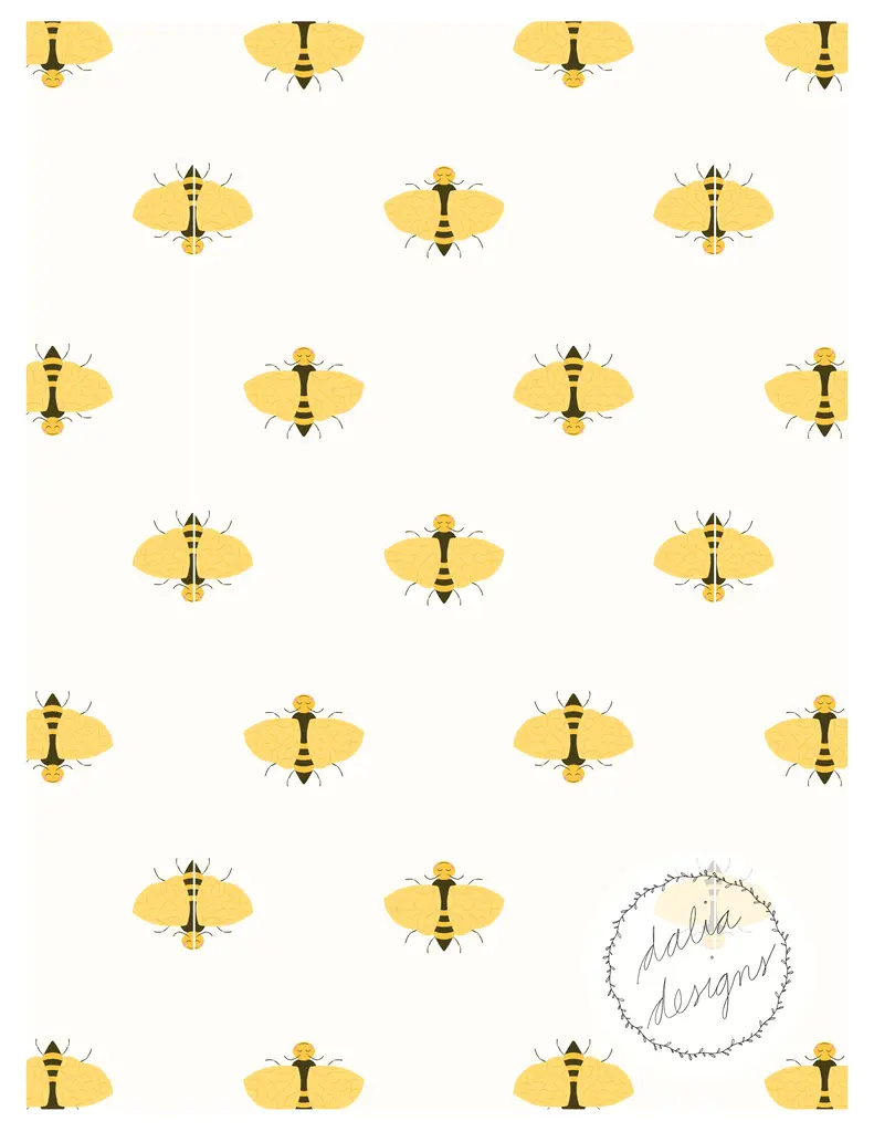 A patterned background featuring yellow and black illustrated bees and moths on a white surface, with a circular logo reading 'dalia design' in the bottom right corner.