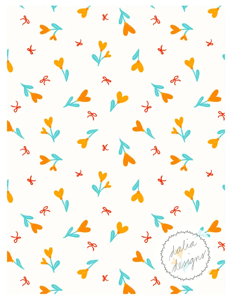 Pattern featuring colorful hearts, flowers, and bows on a light background, designed by Dalia Design.