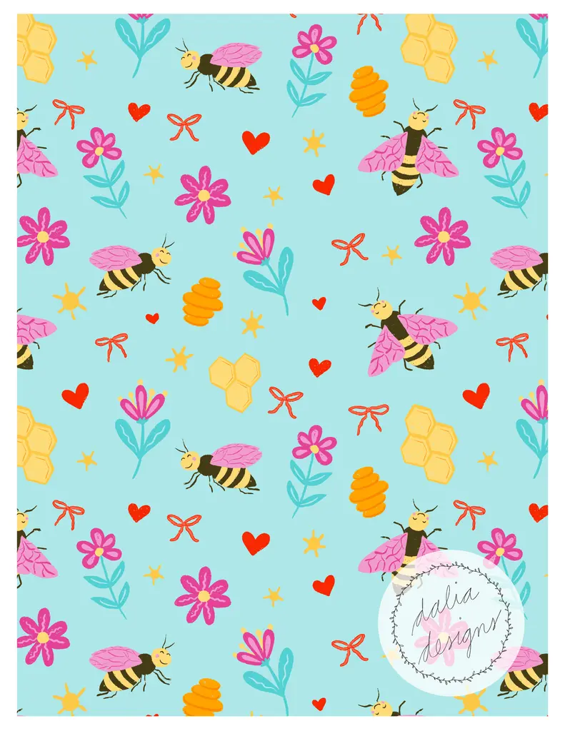 Colorful pattern featuring bees, flowers, hearts, honeycombs, and bows on a light blue background.