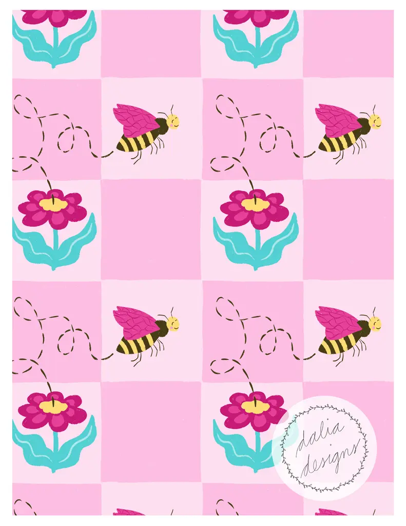 Colorful pattern featuring pink flowers and bees on a light pink background, with a signature logo in the corner.