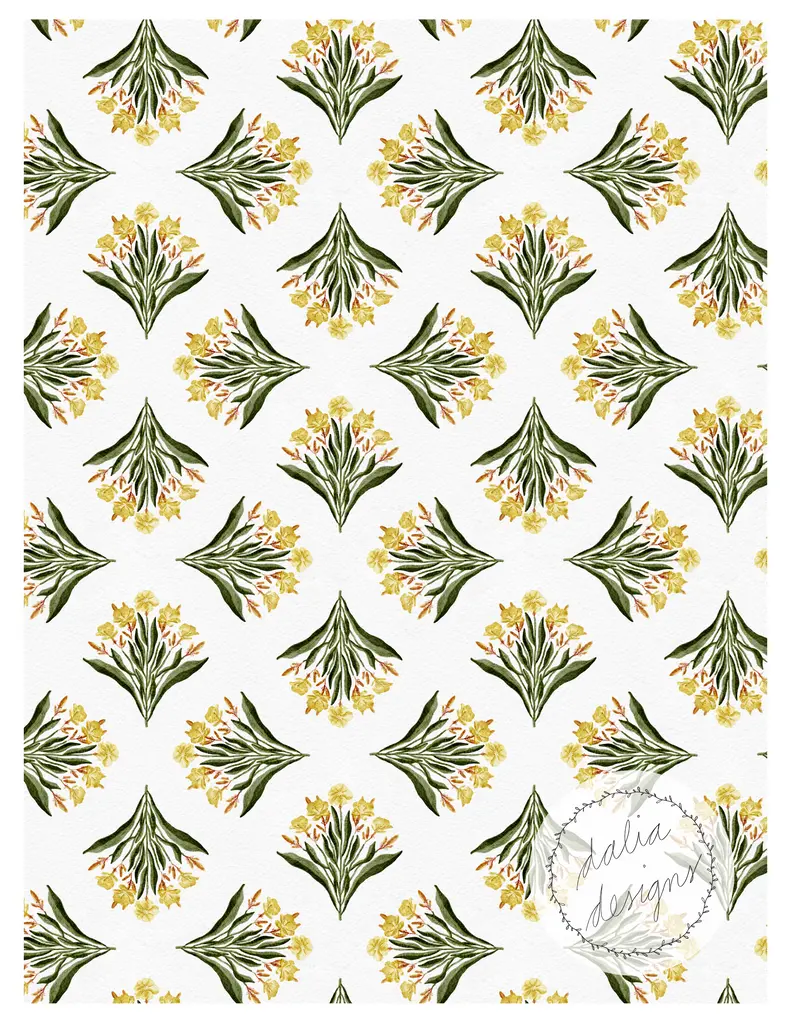 A repeating floral pattern featuring yellow and pink flowers with green leaves on a white background, accompanied by a watermark that reads 'dalia designs'.
