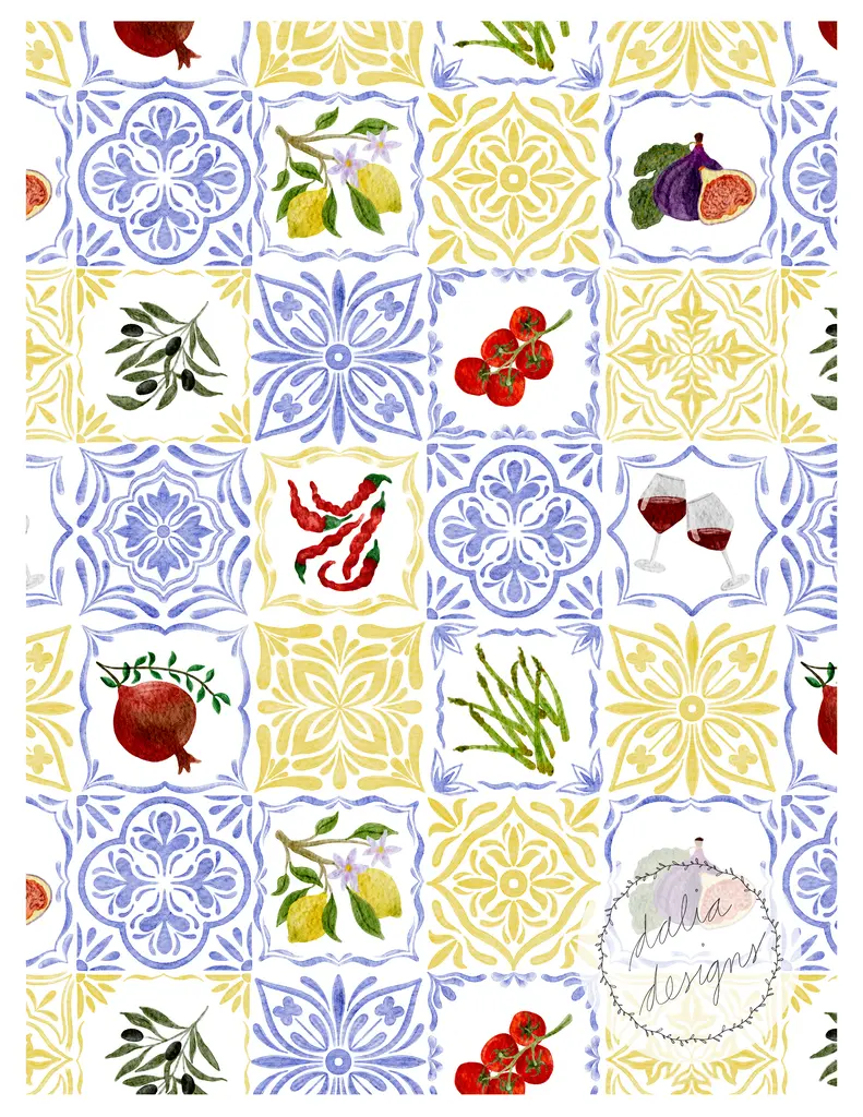Colorful decorative tile pattern featuring various fruits such as pomegranates, lemons, cherries, figs, and herbs, with intricate floral designs in yellow and blue.