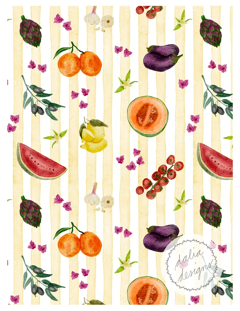 A vibrant pattern featuring various fruits and vegetables, including oranges, watermelons, eggplants, and herbs against a striped yellow background, with floral accents and a circular logo in the corner.