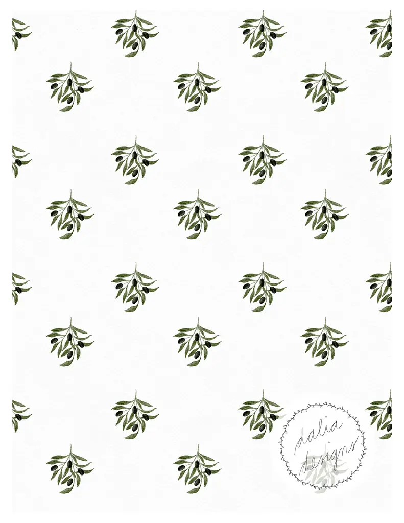A repeating pattern of olive branches with leaves and olives on a white background, featuring a logo in the bottom right corner.