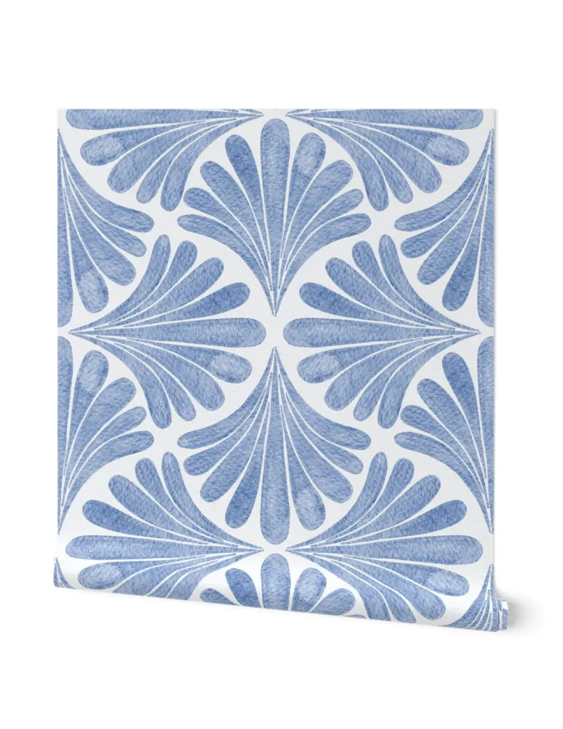 Wallpaper featuring a patterned design of blue fan shapes on a white background.
