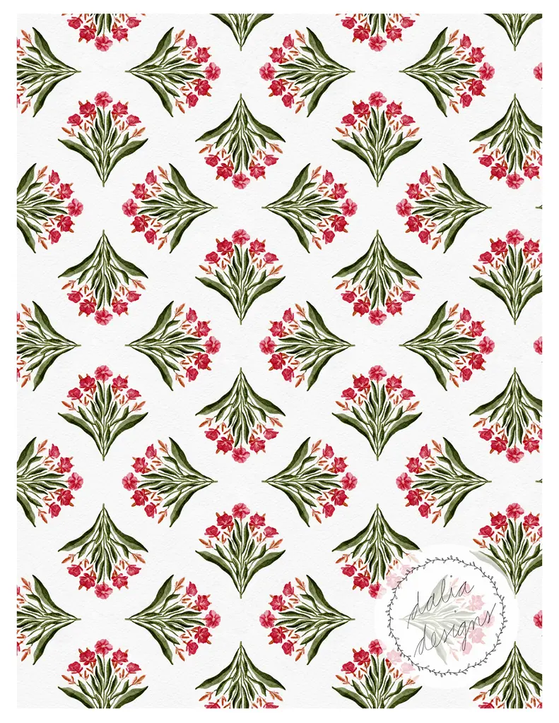 A seamless floral pattern featuring clusters of pink flowers with green leaves on a white background, with a watermark displaying 'Dahlia Designs' in a decorative style.