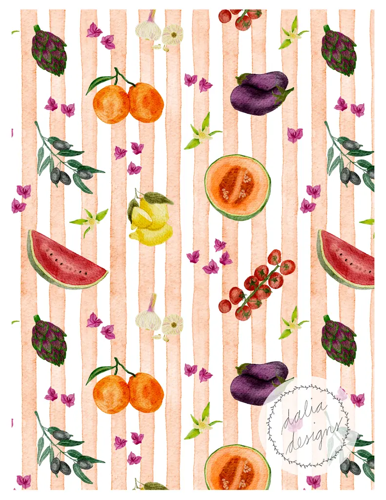 A colorful watercolor illustration featuring various fruits and vegetables, including watermelon, oranges, eggplant, and garlic, arranged against a backdrop of pink and white striped patterns, with small flowers accentuating the design.