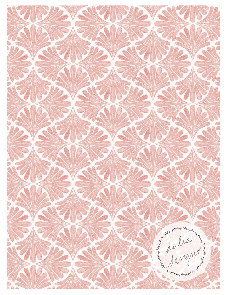A repeating pattern of stylized fan shapes in soft pink on a white background, featuring a decorative logo in the bottom right corner.