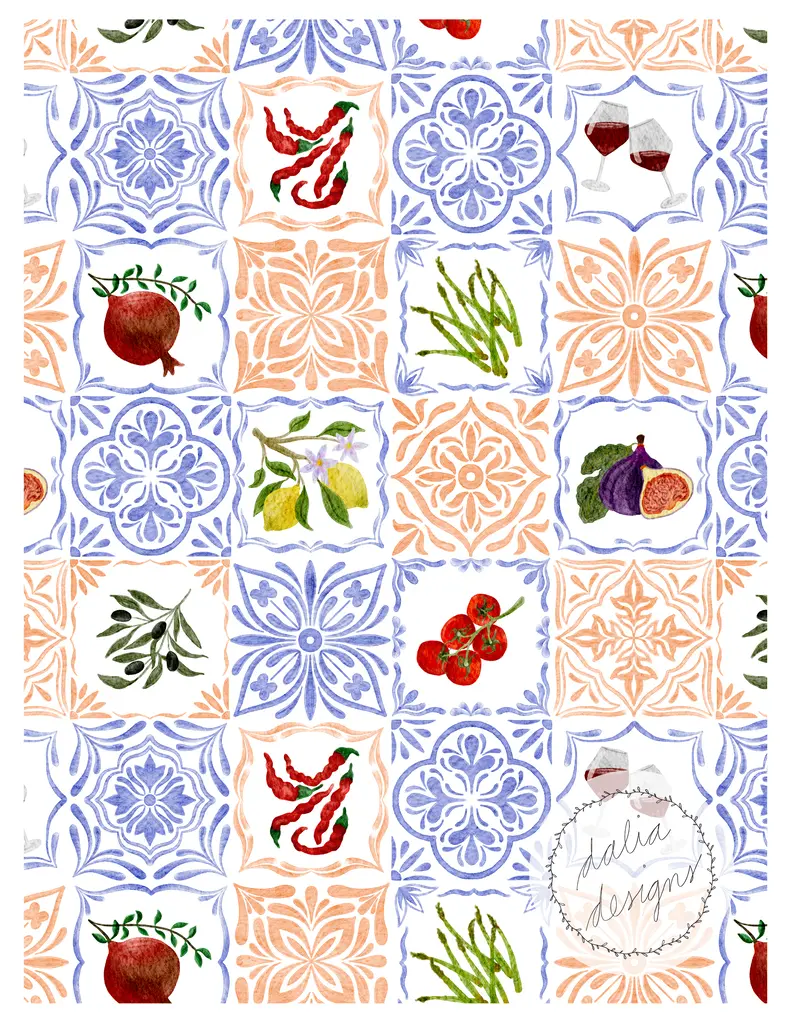 A colorful tiled pattern featuring various fruits, vegetables, and two glasses of red wine, with decorative motifs in blue and orange.