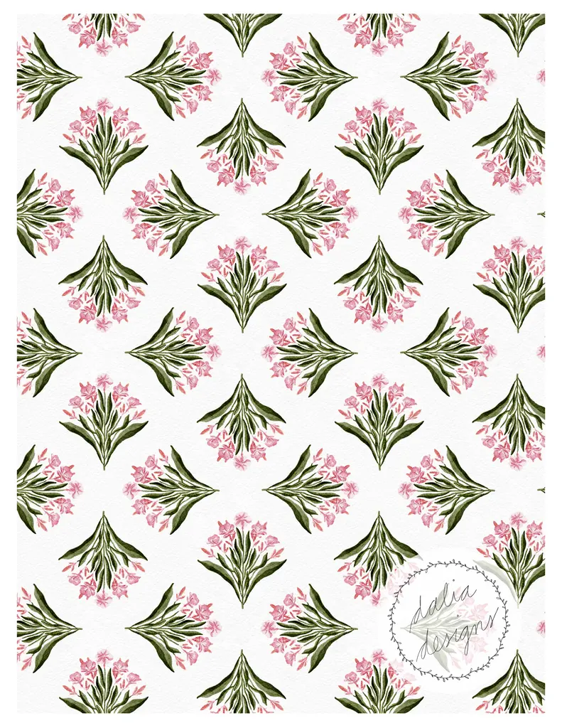 A repeated floral pattern featuring green leaves and pink flowers on a white background, with a circular logo for 'Dahlia Designs' in the bottom right corner.