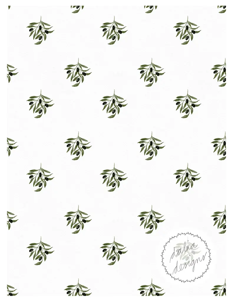 Pattern of green olive branches on a white background, featuring a logo in the bottom right corner.