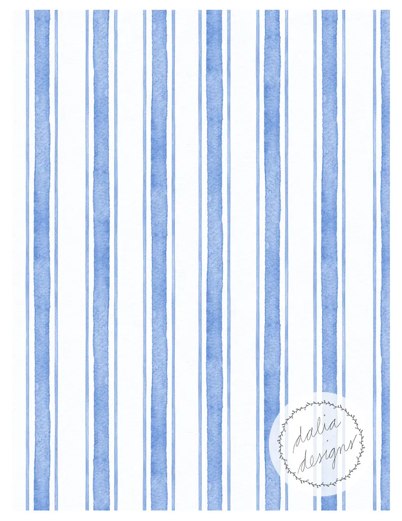 A watercolor illustration featuring vertical stripes in varying shades of blue on a white background, with a logo that reads 'dalia designs' in a circular frame at the bottom right.