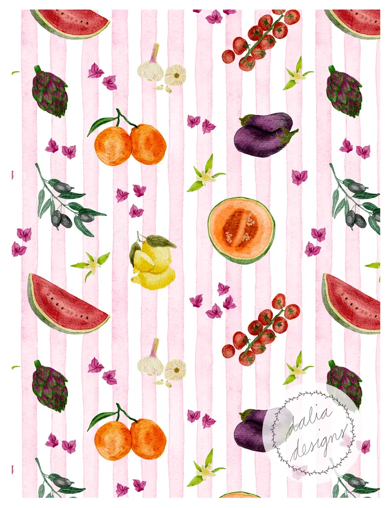 A colorful watercolor pattern featuring various fruits and vegetables, including watermelon, oranges, garlic, eggplant, and artichokes, set against pink striped background with floral accents.