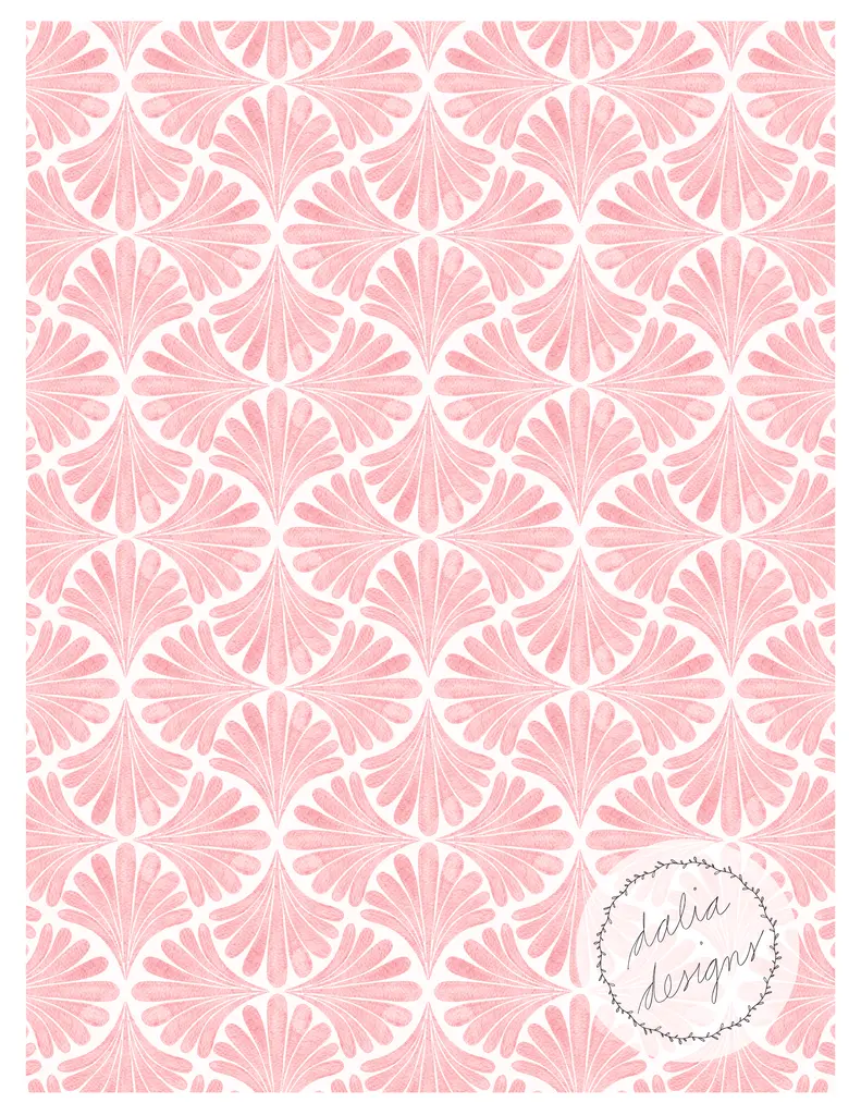 A repeating pattern of stylized fan shapes in light pink on a white background, featuring a subtle texture. The bottom corner includes the text 'dalia designs' in a circular logo.
