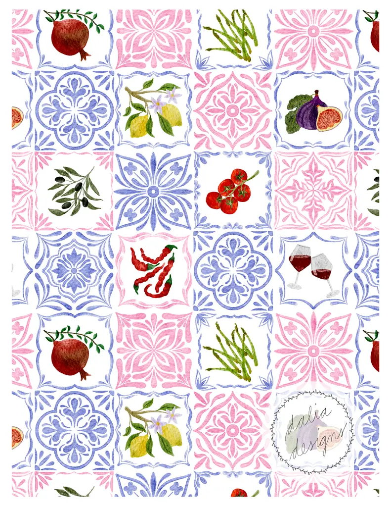 A colorful pattern featuring various fruits, vegetables, and decorative tiles, including pomegranates, figs, olives, tomatoes, and wine glasses, arranged in a geometric design on a white background.