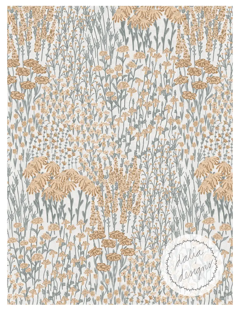 A seamless floral pattern featuring various wildflowers in shades of gold and gray on a light background.