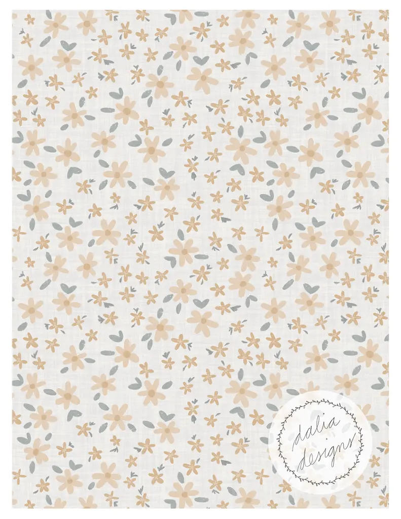 A floral pattern featuring light beige and gray flowers on a white background, with a logo in the bottom right corner that reads 'dalia designs'.