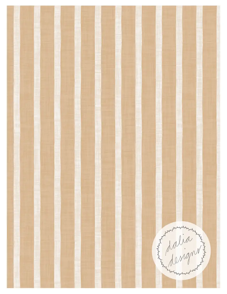 A pattern featuring vertical beige and white stripes with a subtle textured appearance, alongside a circular logo that reads 'dalia designs'.