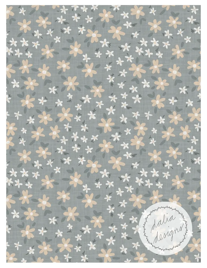 A floral patterned background featuring white and beige flowers on a soft gray backdrop, with a circular logo at the bottom right that reads 'dalia designs'.