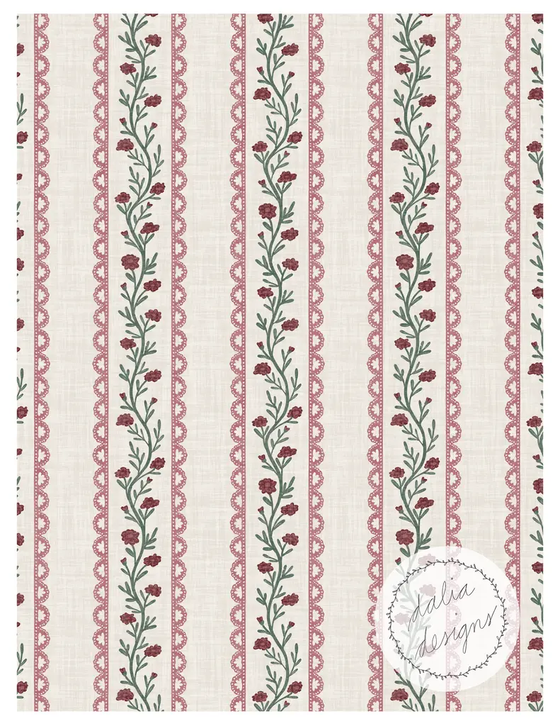 Patterned wallpaper featuring vertical stripes with red floral motifs and green leaves, bordered by delicate lace designs.