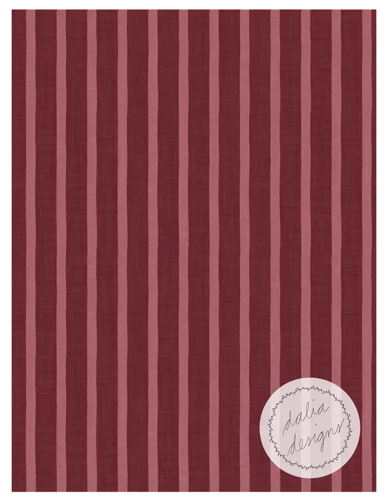 A textile pattern featuring vertical stripes in shades of maroon and light pink, with a circular logo in the bottom right corner that reads 'dalia designs'.