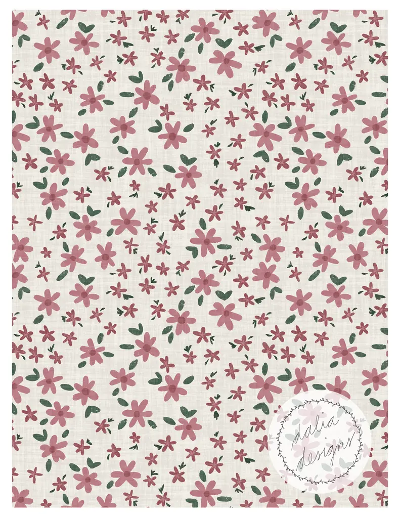 A repeating floral pattern featuring pink and burgundy flowers with green leaves on a light beige background, accompanied by a circular logo that reads 'Dalia Designs'.