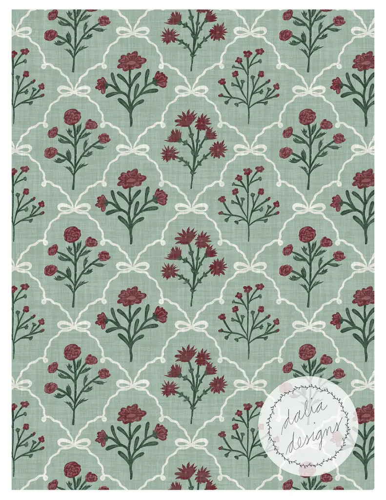 A floral pattern featuring green backgrounds with red and pink flowers surrounded by white bows and decorative borders.