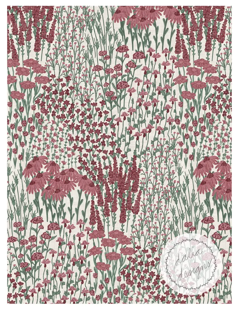 A floral pattern featuring various flowers in shades of pink and green on a light background, with a watermark showing 'dalia designs' in the bottom right corner.