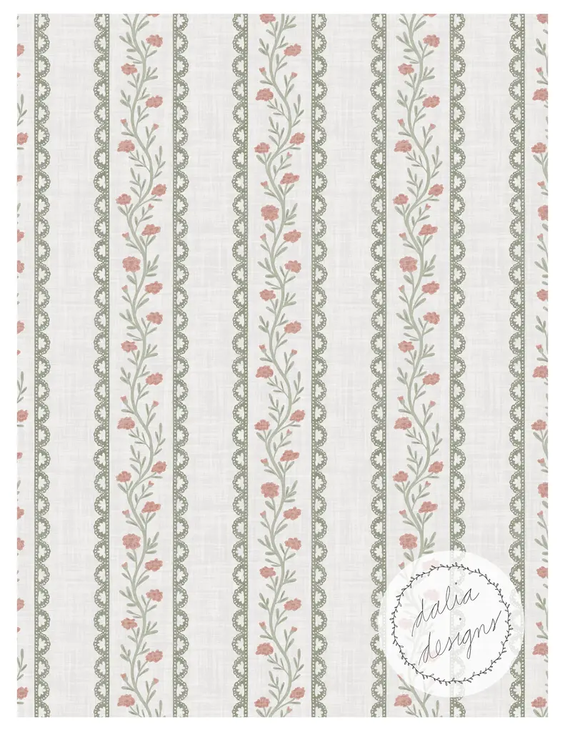 A floral patterned wallpaper design featuring vertical stripes with pink flowers and green leaves against a light textured background, accompanied by a decorative lace border.