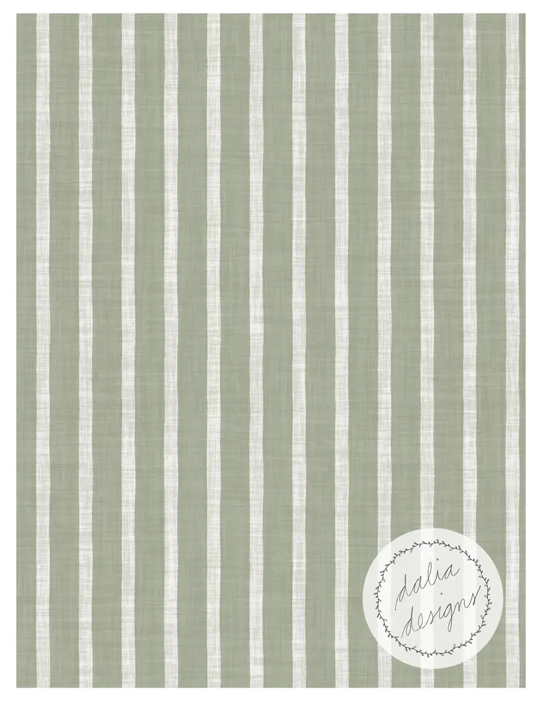 A vertical striped pattern featuring alternating light green and white stripes, with a logo that reads 'dalia designs' in the bottom right corner.