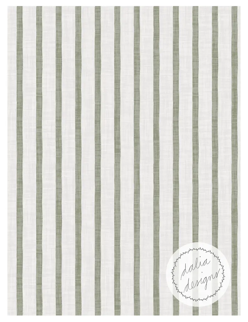A vertical striped fabric pattern featuring alternating lines of white and light green, with a logo for 'Dalia Designs' in the lower right corner.