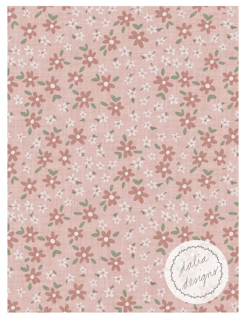 A floral pattern featuring pink and white flowers with green leaves on a textured pastel pink background, accompanied by a circular logo labeled 'Dalia Designs'.