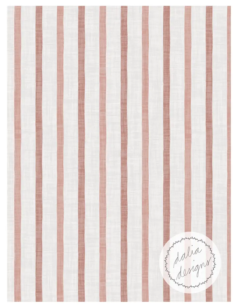 A fabric pattern featuring alternating vertical stripes of soft pink and white, with a logo in the bottom right corner that reads 'dalia design'.