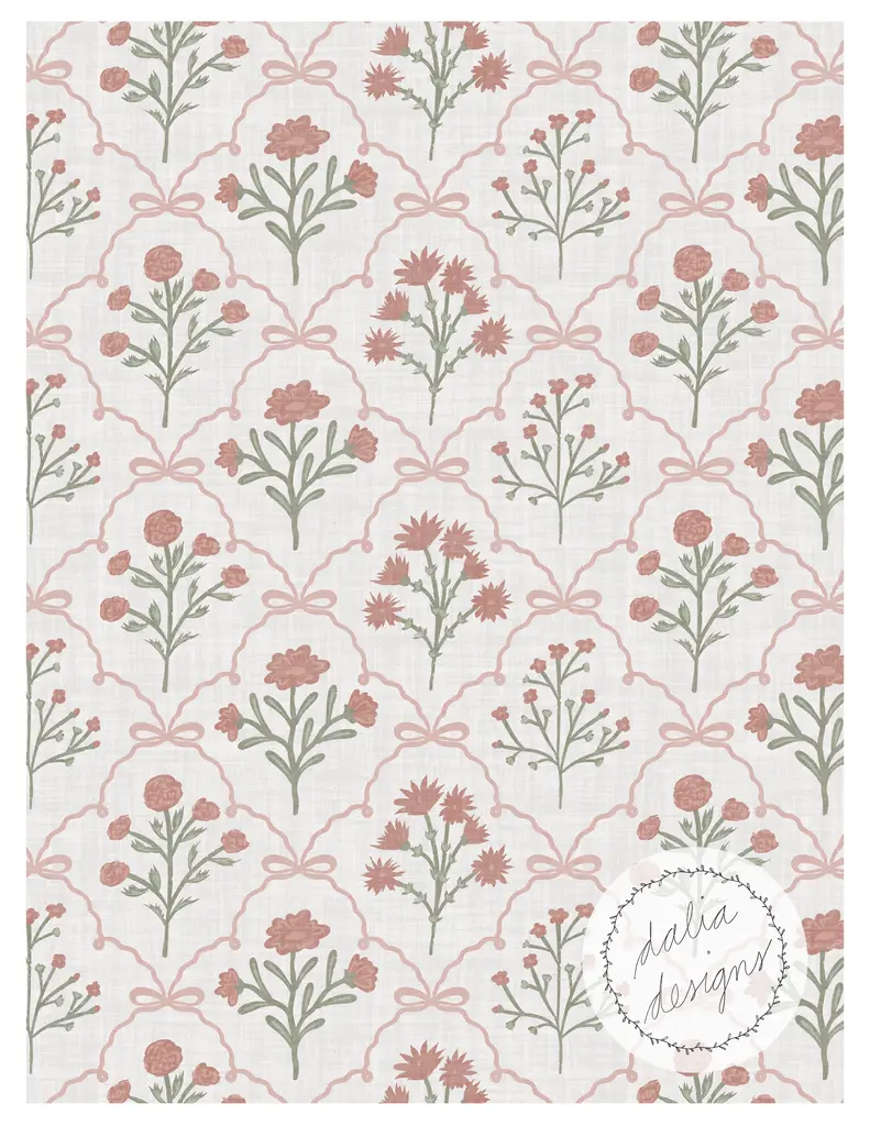 A floral pattern featuring various flowers and greenery, with a light background and decorative bow outlines.