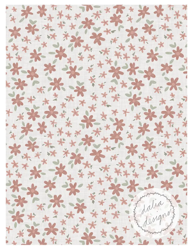 A floral pattern featuring pink and green flowers on a light background, with a logo in the bottom right corner.