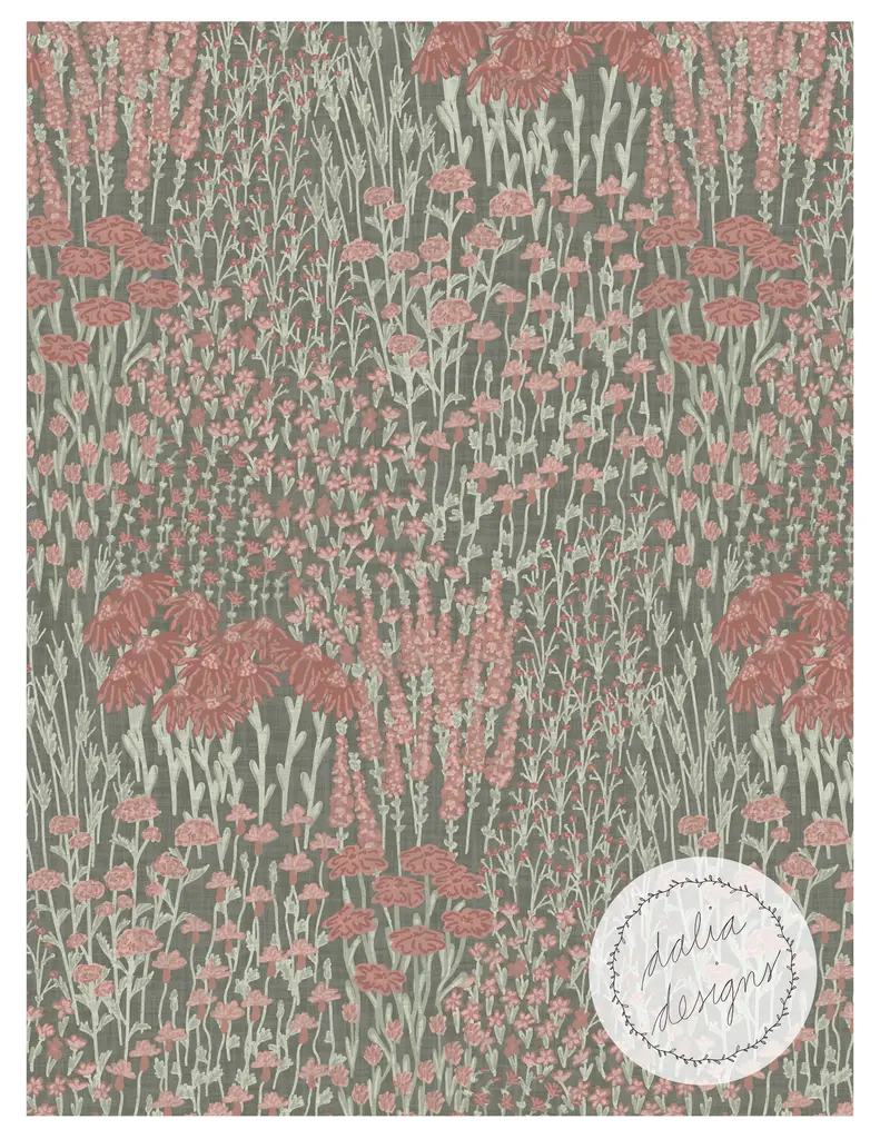 A detailed floral pattern featuring various plant illustrations in shades of red and green, set against a muted grey background, with a circular logo at the bottom right labeled 'dalia designs'.