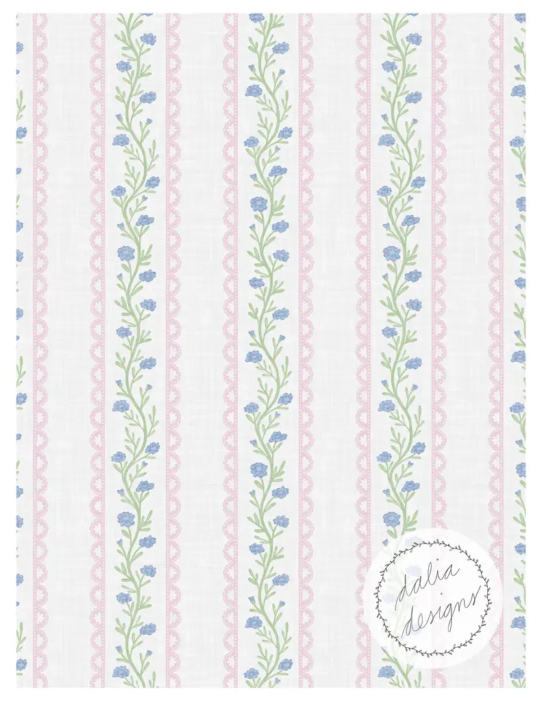 A floral pattern featuring blue flowers on a white background, separated by pink scalloped stripes. Includes the text 'dalia designs' in a circular logo.