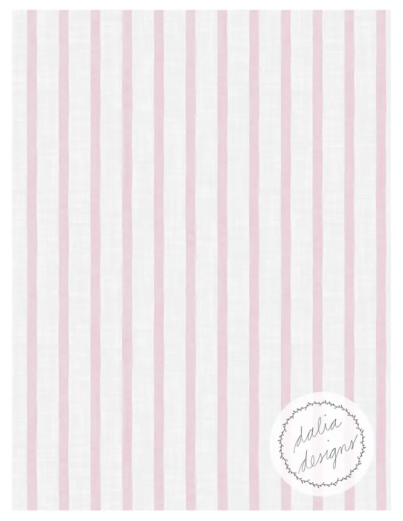 Pattern featuring vertical stripes in light pink on a white background with a logo in the bottom right corner that reads 'dalia designs'.