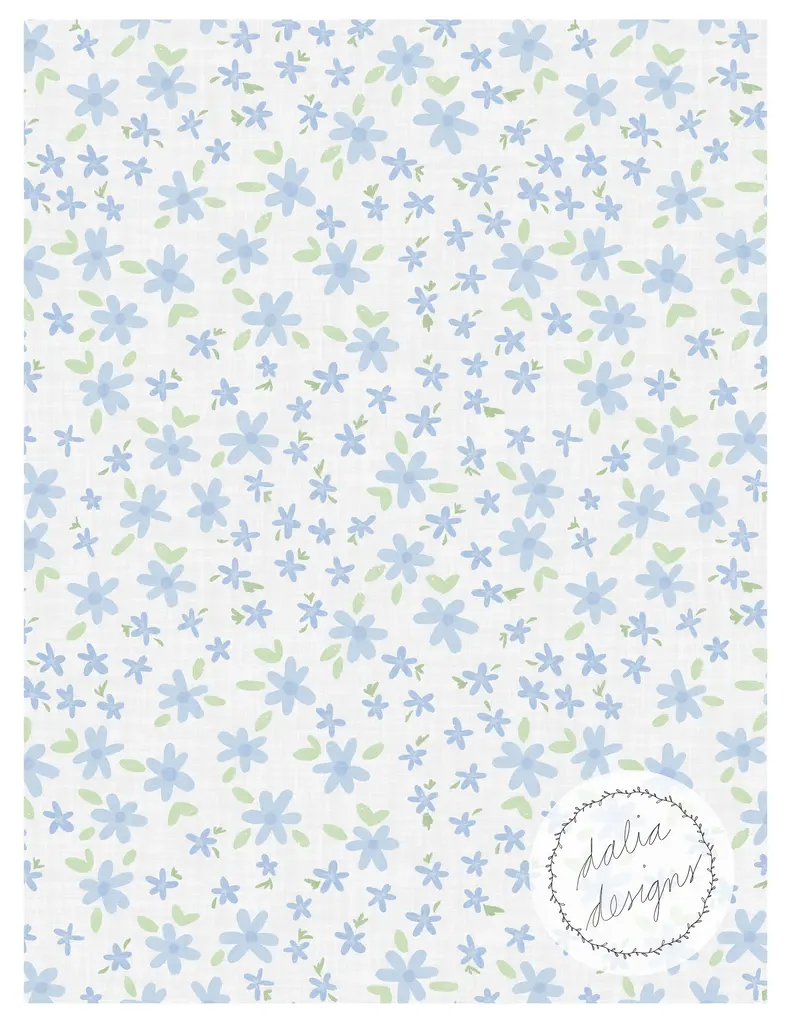 A light background filled with various small blue flowers and green leaves, featuring a logo that reads 'dalia designs' in the bottom right corner.