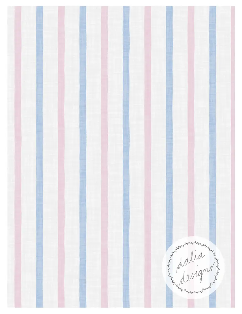 A textured fabric design featuring vertical stripes in pastel pink and blue on a white background, with a logo in the bottom right corner that says 'dalia design'.