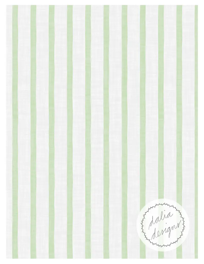 A pattern featuring alternating green and white vertical stripes, with a logo for 'Dalia Designs' in the bottom right corner.