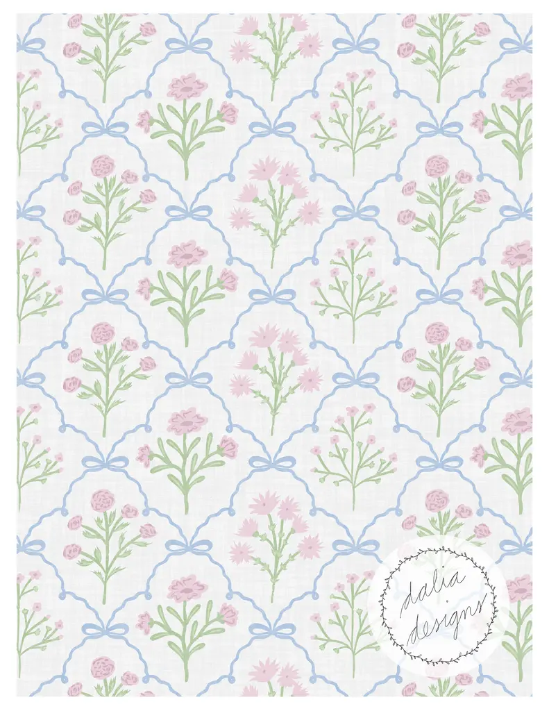 A floral pattern featuring pink flowers and green leaves, outlined by blue bows, set against a white background. Includes a logo watermark for Dalia Designs.
